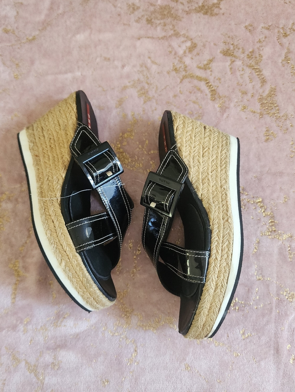 PRADA | Black Patent Leather Espadrille Wedge Sandals with Jute Platform - Picture 14 of 16